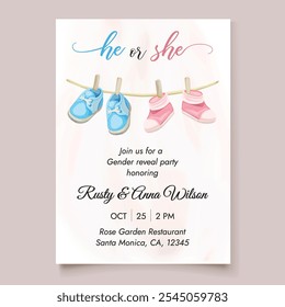 Gender reveal party invitation template with cute pink and blue baby shoes.