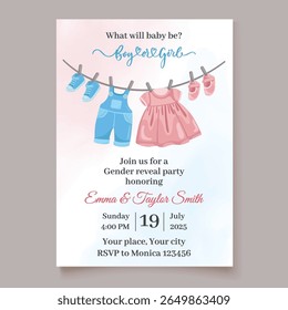 Gender reveal party invitation template with baby clothes hanging on line in blue and pink colors for boy or girl celebration