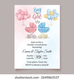 Gender reveal party invitation template with blue and pink baby stroller, balloons, and cute decorations for boy or girl announcement