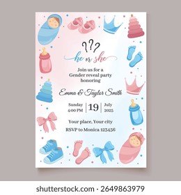 Gender reveal party invitation template with blue and pink baby cute elements for boy or girl celebration card