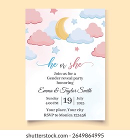 Gender reveal party invitation template with cute sky elements like clouds, stars, and moon in pink and blue for boy or girl celebration