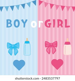 Gender reveal party invitation templates. boy or girl. pink and blue balloons with flowers and ribbons. Banner and poster, background with. vector illustration Cute baby girl and boy.