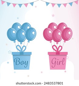 Gender reveal party invitation templates. boy or girl. pink and blue balloons with flowers and ribbons. Banner and poster, background with. vector illustration Cute baby girl and boy.