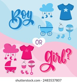 Gender reveal party invitation templates. boy or girl. pink and blue balloons with flowers and ribbons. Banner and poster, background with. vector illustration Cute baby girl and boy.