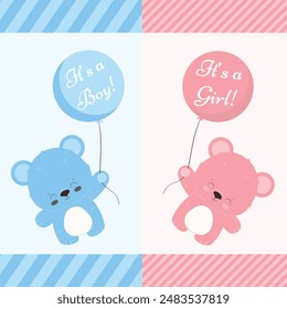 Gender reveal party invitation templates. boy or girl. pink and blue balloons with flowers and ribbons. Banner and poster, background with. vector illustration Cute baby girl and boy.