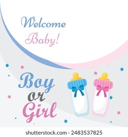 Gender reveal party invitation templates. boy or girl. pink and blue balloons with flowers and ribbons. Banner and poster, background with. vector illustration Cute baby girl and boy.