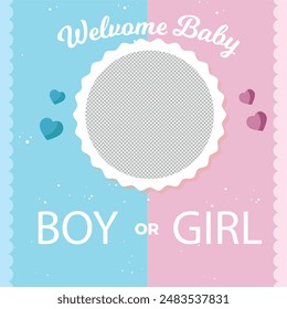 Gender reveal party invitation templates. boy or girl. pink and blue balloons with flowers and ribbons. Banner and poster, background with. vector illustration Cute baby girl and boy.