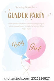 Gender reveal party invitation vector template with pink and blue watercolor balloons. He or she. boy or girl