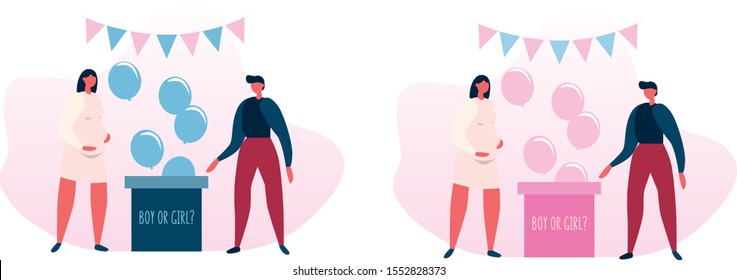 Gender reveal party. Man and pregnant woman open the box with balloons. Boy an girl. Happy, family, birth, pregnancy. Flat illustration in vector.