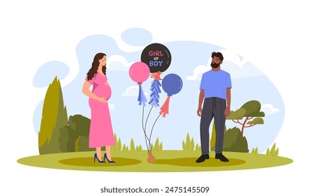 Gender reveal party. Man and woman stand near blue and pink balloons. Future parents expecting newborn and baby. Girl or boy. Cartoon flat vector illustration isolated on white background