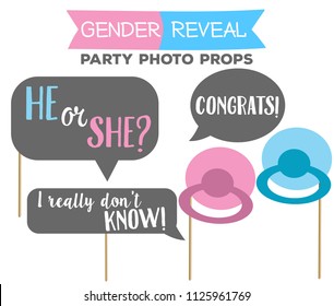 Gender reveal party photo booth props on sticks. He or she, congrats signs. 