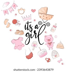 Gender reveal party. Props for a children's photo booth. This is a girl, the inscription is written in calligraphy.
 A set of items for a
 girl: dress, crown, ball, cake, rattle, pacifier, bib, bottle