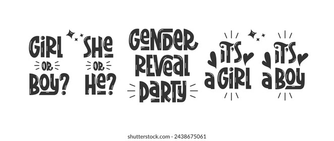 Gender Reveal Party Quotes Hand Lettering Set. It's a Girl or Boy, He or She, Phrases Handwritten Collection. Typographic Design Elements for Baby Party.