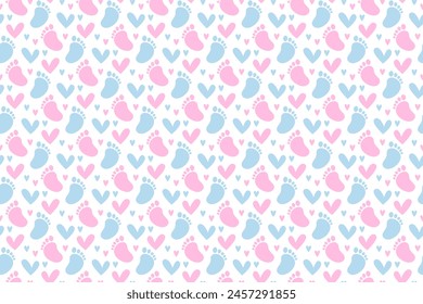 Gender Reveal Party Seamless Pattern. Pink and Blue Footprint and Hearts Repeating Endless Background.