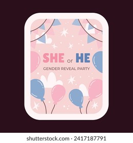 gender reveal party sticker. gender party sticker. boy or girl sticker. blue and pink color. Baby's gender reveal party. Vector Illustration design. Boy or girl reveal party.