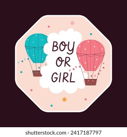 gender reveal party sticker. gender party sticker. boy or girl sticker. blue and pink color. Baby's gender reveal party. Vector Illustration design. Boy or girl reveal party.