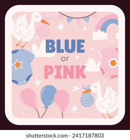 gender reveal party sticker. gender party sticker. boy or girl sticker. blue and pink color. Baby's gender reveal party. Vector Illustration design. Boy or girl reveal party.