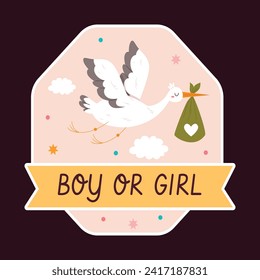 gender reveal party sticker. gender party sticker. boy or girl sticker. blue and pink color. Baby's gender reveal party. Vector Illustration design. Boy or girl reveal party.