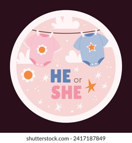 gender reveal party sticker. gender party sticker. boy or girl sticker. blue and pink color. Baby's gender reveal party. Vector Illustration design. Boy or girl reveal party.