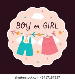 gender reveal party sticker. gender party sticker. boy or girl sticker. blue and pink color. Baby's gender reveal party. Vector Illustration design. Boy or girl reveal party.