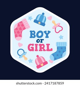 gender reveal party sticker. gender party sticker. boy or girl sticker. blue and pink color. Baby's gender reveal party. Vector Illustration design. Boy or girl reveal party.