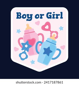 gender reveal party sticker. gender party sticker. boy or girl sticker. blue and pink color. Baby's gender reveal party. Vector Illustration design. Boy or girl reveal party.