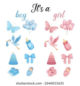 Gender reveal party template with baby girl or boy elements and pastel blue and pink illustrations Cute design for baby shower or birth celebration