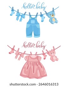 Gender reveal party template with hanging baby clothes in blue and pink colors It's a girl or boy celebration decoration for invitation or card