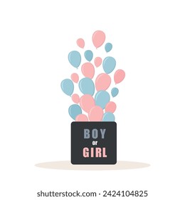 Gender reveal party. This twins. Open surprise gift box with inscription Boy or girl. Blue and pink balloons. Baby shower greeting card. Cartoon vector illustration.