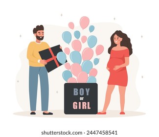 Gender reveal party. This twins. Couple opening surprise gift box with inscription Boy or girl. Family expecting unborn children. Blue and pink balloons. Baby shower. Cartoon vector illustration.