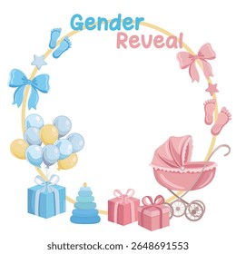 Gender reveal photo frame with baby girl and boy elements in pink and blue colors and cute flat illustrations