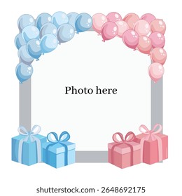Gender reveal photo frame decorated with blue and pink balloons and presents for baby shower celebration Boy or girl theme