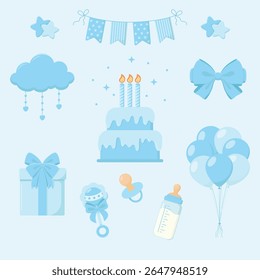 Sexo revelar adereços em cores azuis. Balões de ar, bandeiras guirlanda, caixa de presente com arco, bolo com velas, garrafa com leite, chocalho, arco, chupeta de bebê. Festa de gênero. Ilustração do vetor do chá de bebê. 