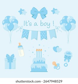 Sexo revelar adereços em cores azuis. Balões de ar, bandeiras guirlanda, caixa de presente com arco, bolo com velas, garrafa com leite, chocalho, sinal "É um menino". Festa de gênero. Ilustração do vetor do chá de bebê. 