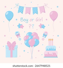 Gênero revelar adereços em cores azul e rosa. Balões de ar, bandeiras guirlanda, caixa de presente com arco, bolo com velas, chocalhos e sinal "Menino ou Menina". Festa de gênero. Ilustração do vetor do chá de bebê. Adesivos