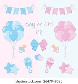 Gênero revelar adereços em cores azul e rosa. Balões de ar, bandeiras guirlandas, arco, estrelas, chocalhos, corações, chupetas de bebê e sinal "Menino ou Menina". Festa de gênero. Ilustração do vetor do chá de bebê. Adesivos.