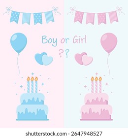 Gender reveal props in blue and pink colours. Air balloons, flags garlands, cakes with candles, hearts and sign "Boy or Girl". Gender party. Baby shower vector illustration. Stickers.