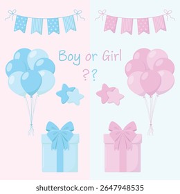 Gender reveal props in blue and pink colours. Air balloons, flags garland, gift boxes with bows, stars and sign "Boy or Girl". Gender party. Baby shower vector illustration. Stickers.