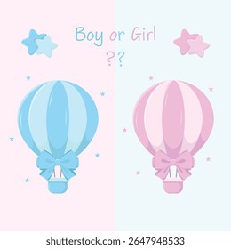 Gender reveal props. Hot air balloons with bows in blue and pink colours, stars and "Boy or Girl" sign. Gender party. Baby shower vector illustration. Stickers.