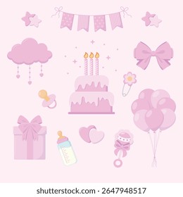 Gender reveal props in pink colours. Air balloons, flags garland, gift box with bow, cake with candles, bottle with milk, rattle, bow, baby pacifier. Gender party. Baby shower vector illustration. 