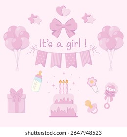 Sexo revelar adereços em cores rosa. Balões de ar, bandeiras guirlanda, caixa de presente com arco, bolo com velas, garrafa com leite, chocalho, sinal "É uma menina". Festa de gênero. Ilustração do vetor do chá de bebê. 