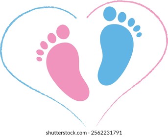 Gender Reveal Twins Baby Footprints Heart Vector