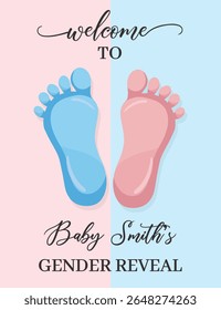 Gender reveal welcome banner with baby steps and pink and blue color theme perfect for party decoration or announcement card