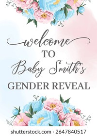 Gender reveal welcome banner with blue and pink flowers, perfect for baby shower celebration for boy or girl