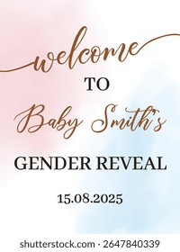 Gender reveal welcome banner with pink and blue colors and cute baby elements, perfect for boy or girl baby shower party decoration or invitation