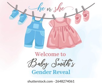 Gender reveal welcome poster with baby boy and girl hanging clothes in pink and blue theme perfect for party decoration or announcement