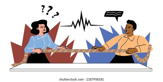 Gender rivalry concept. Man and woman pull rope. Scandals, quarrels and conflicts, bad relations in team. Inequality, lack of rights. Tug of war competition. Cartoon flat vector illustration