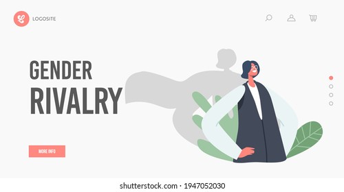 Gender Rivalry Landing Page Template. Successful Business Woman with Shadow in Super Hero Cloak Stand with Arms Akimbo. Businesswoman Character Financial Wealth, Success. Cartoon Vector Illustration