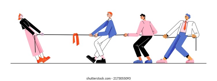 Gender rivalry, men team tug of war with single woman. Male and female business characters wrestling. Office fight for leadership, sexism, misandry, feminism and patriarchy Linear flat vector concept