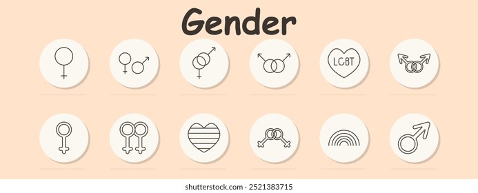Gender set icon. Female, male-female, gender overlap, LGBT heart, female symbol, female, pride heart, symbol, rainbow, male.